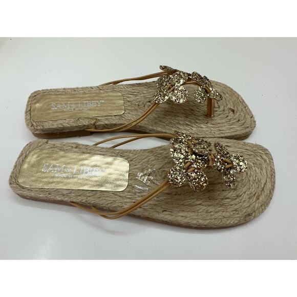 Sam & Libby Womens Sandals Size 6 M Flip Flops Brown Glitter Floral Jute Flats - Picture 2 of 10